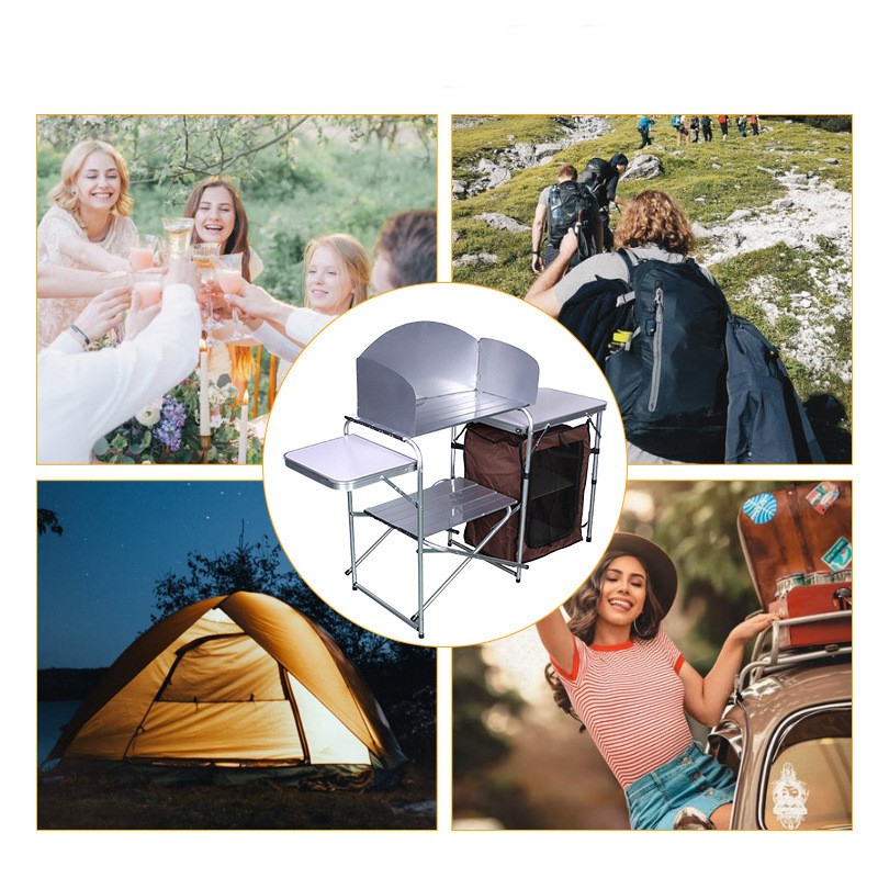Outdoor Camping Double-decker Storage Rack, Mobile Barbecue Table